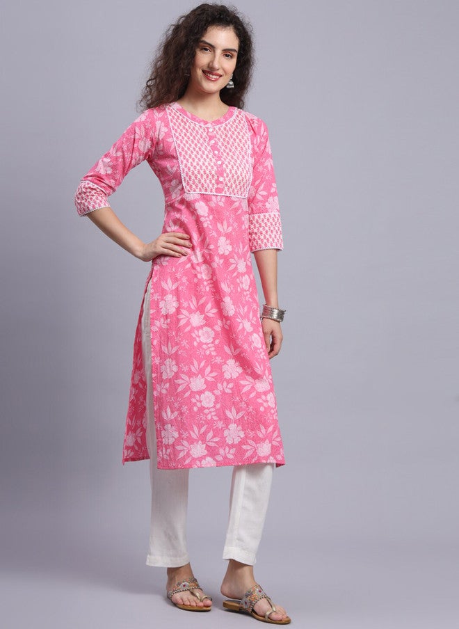 LARGISH Floral Printed Cotton Kurta in Bright Pink - Image 3