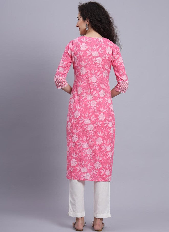 LARGISH Floral Printed Cotton Kurta in Bright Pink - Image 4