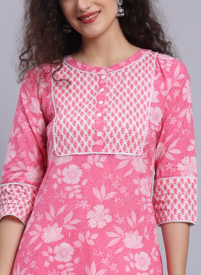 LARGISH Floral Printed Cotton Kurta in Bright Pink - Image 2
