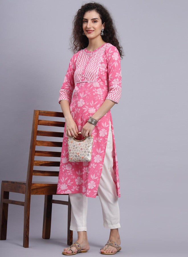 LARGISH Floral Printed Cotton Kurta in Bright Pink - Image 5