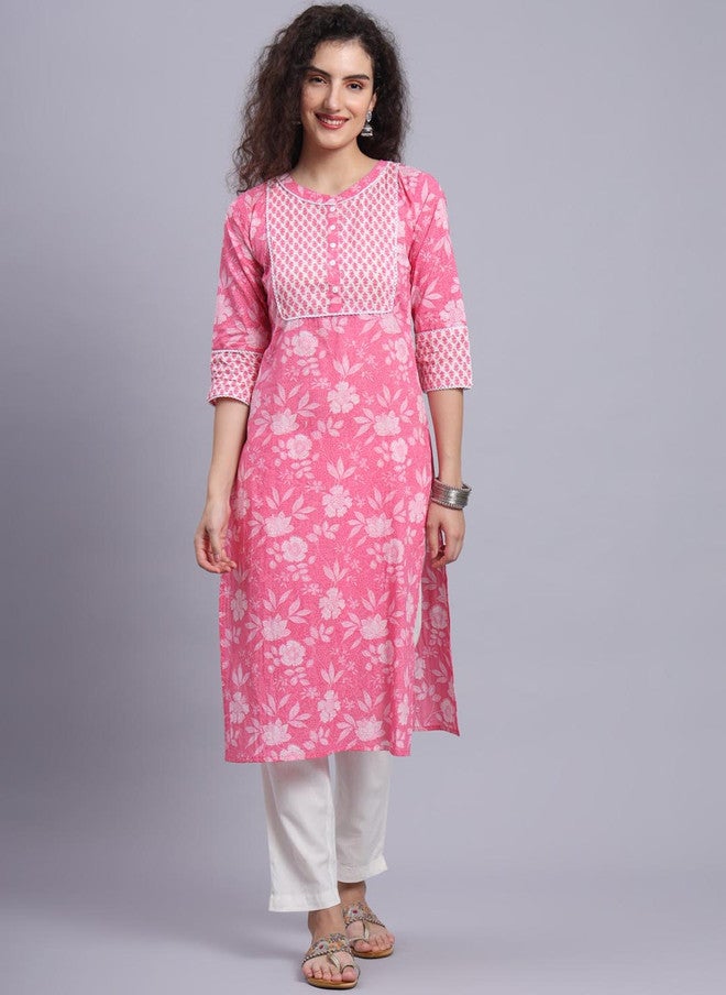 LARGISH Floral Printed Cotton Kurta in Bright Pink - Image 1