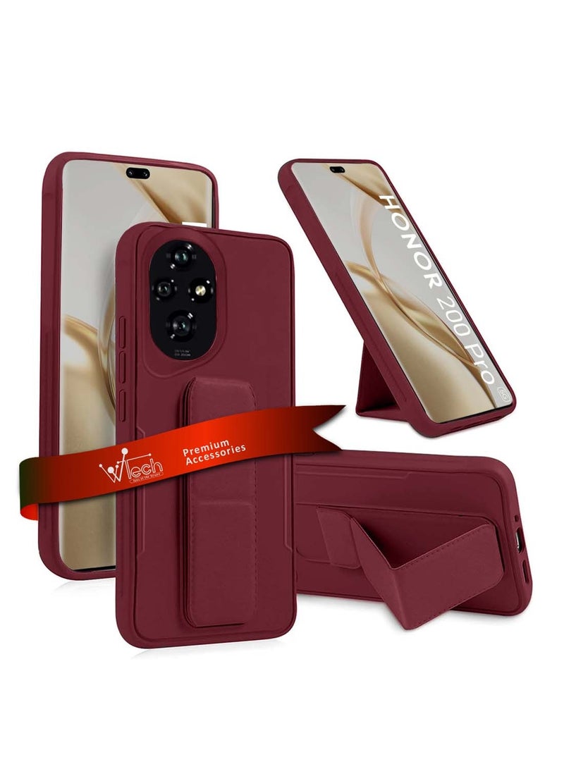 Wtech Honor 200 Pro 5G 2024 Hand Grip Foldable Magnetic Kickstand Wrist Strap Finger Grip With Built-In Iron Modern Camera Lips Case Cover - Maroon - Image 1