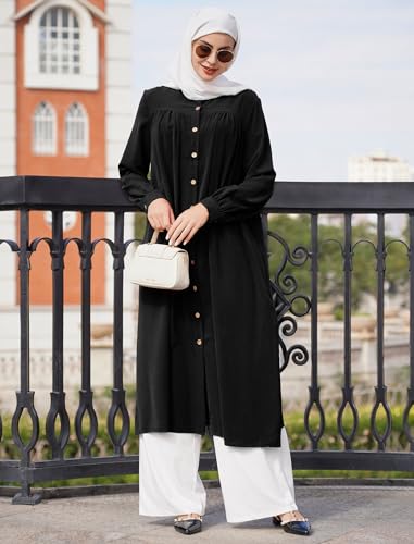 ODIZLI Muslim Women's Long Abaya Dress Loose Women Modest Islamic Dubai Dress Kaftan Abayas Button Down Shirt Islamic Abaya Casual Prayer Clothes Khimar Middle East Outfits Eid Ramadan Dress Black 3XL - Image 4