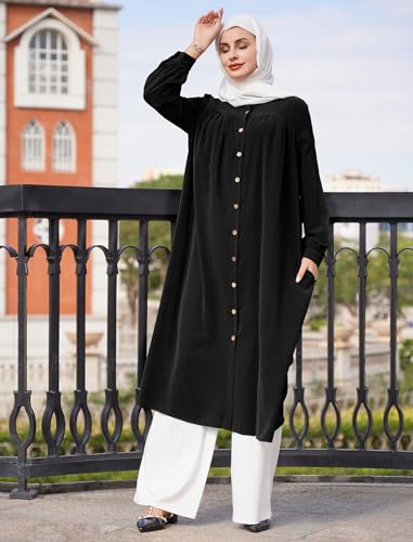 ODIZLI Muslim Women's Long Abaya Dress Loose Women Modest Islamic Dubai Dress Kaftan Abayas Button Down Shirt Islamic Abaya Casual Prayer Clothes Khimar Middle East Outfits Eid Ramadan Dress Black 3XL - Image 3