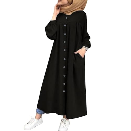 ODIZLI Muslim Women's Long Abaya Dress Loose Women Modest Islamic Dubai Dress Kaftan Abayas Button Down Shirt Islamic Abaya Casual Prayer Clothes Khimar Middle East Outfits Eid Ramadan Dress Black 3XL - Image 1