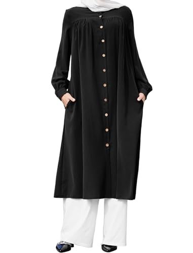 ODIZLI Muslim Women's Long Abaya Dress Loose Women Modest Islamic Dubai Dress Kaftan Abayas Button Down Shirt Islamic Abaya Casual Prayer Clothes Khimar Middle East Outfits Eid Ramadan Dress Black 3XL - Image 2
