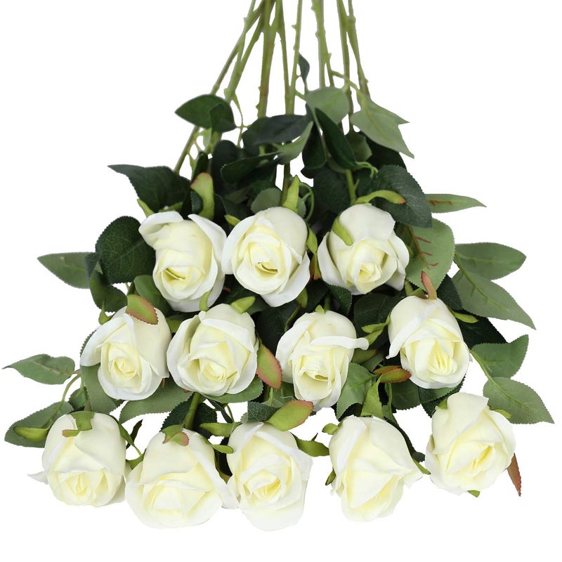 Tifuly Artificial Flowers12 Pcs Single Long Stem Fake Rose Silk Flowers Faux Rose Bridal Bouquet Realistic Flower for Wedding Party Home Table Decoration CenterpiecesBud RosesWhite