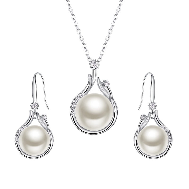 EleQueen 925 Sterling Silver CZ Freshwater Cultured Pearl Necklace Dangle Earrings Wedding Bridal Jewelry Set, Valentine's Mother's Day Christmas Gift for Mom - Image 1