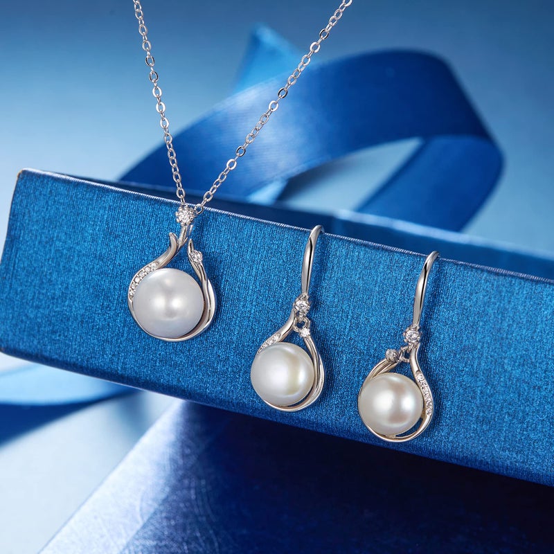 EleQueen 925 Sterling Silver CZ Freshwater Cultured Pearl Necklace Dangle Earrings Wedding Bridal Jewelry Set, Valentine's Mother's Day Christmas Gift for Mom - Image 4