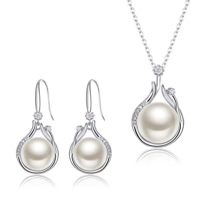 EleQueen 925 Sterling Silver CZ Freshwater Cultured Pearl Necklace Dangle Earrings Wedding Bridal Jewelry Set, Valentine's Mother's Day Christmas Gift for Mom - Image 2