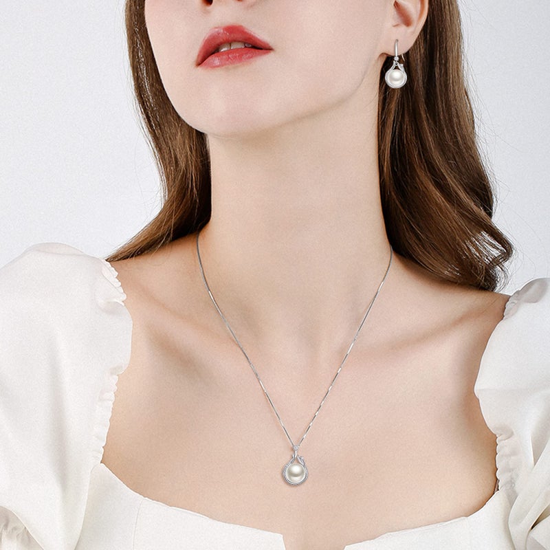 EleQueen 925 Sterling Silver CZ Freshwater Cultured Pearl Necklace Dangle Earrings Wedding Bridal Jewelry Set, Valentine's Mother's Day Christmas Gift for Mom - Image 3