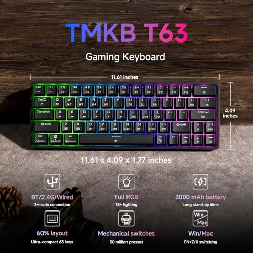 TMKB Technology Mechanical KeyBoard TMKB T63 Gaming Keyboard, 60% Wireless Mechanical Keyboard with Bluetooth/2.4G/Type-C, Compact 63 Keys Anti-Ghosting, RGB Backlight, Linear Red Switch - Black - Image 2