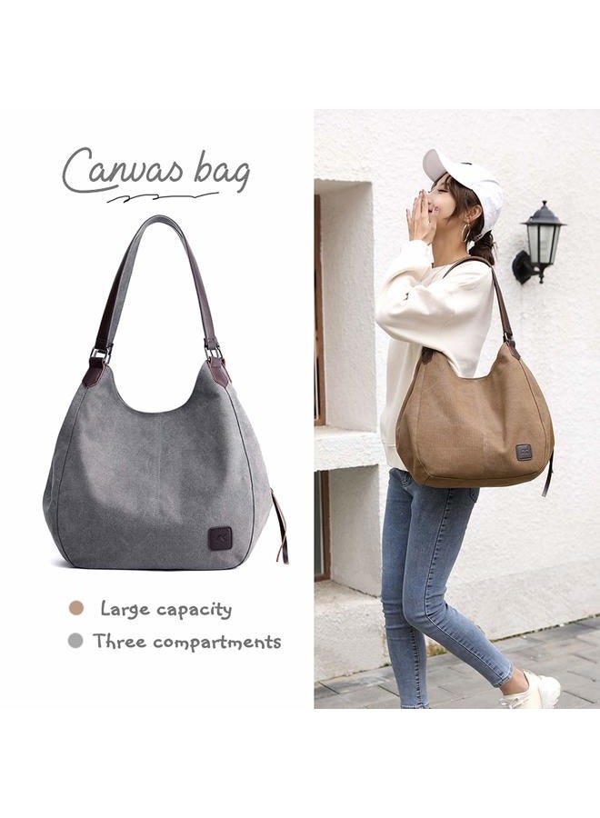 TIFALEX Women's Multi-pocket Shoulder Bag Fashion Cotton Canvas Handbag Tote Purse (Brown - large size) - Image 2