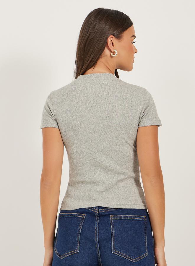 Styli Ribbed Round Neck Short Sleeve Fitted T-Shirt  - Image 5