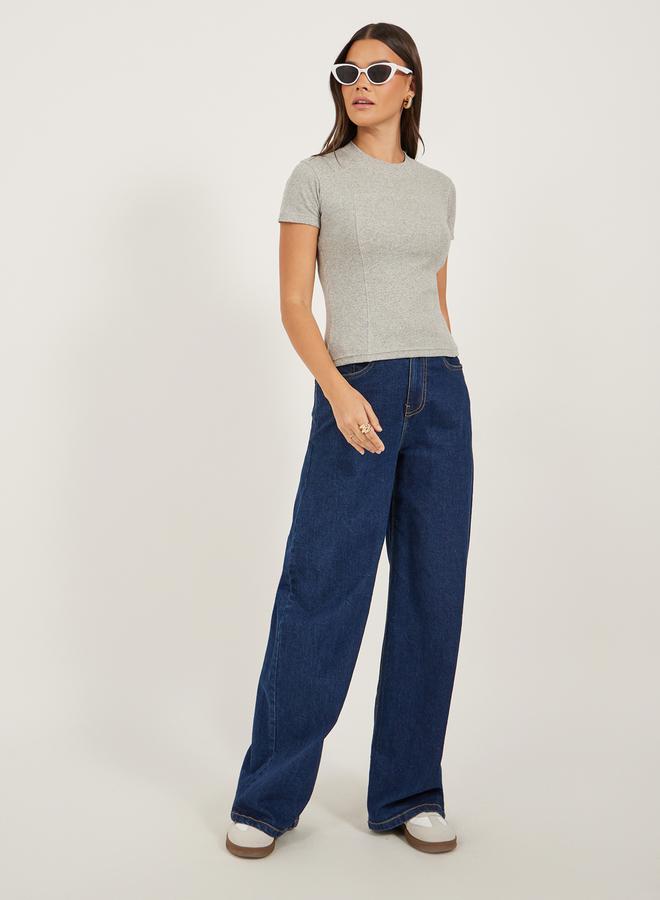 Styli Ribbed Round Neck Short Sleeve Fitted T-Shirt  - Image 2