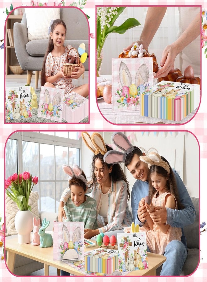 Peghoqu 48Pcs He Is Risen Easter Napkin,He is Risen Bunny Eggs Cross Decoration,Pink Checkered Cute Rabbit Floral Disposable Paper Napkin for Spring Easter Home Holiday Party Table Decor,6.5 × 6.5inch - Image 4