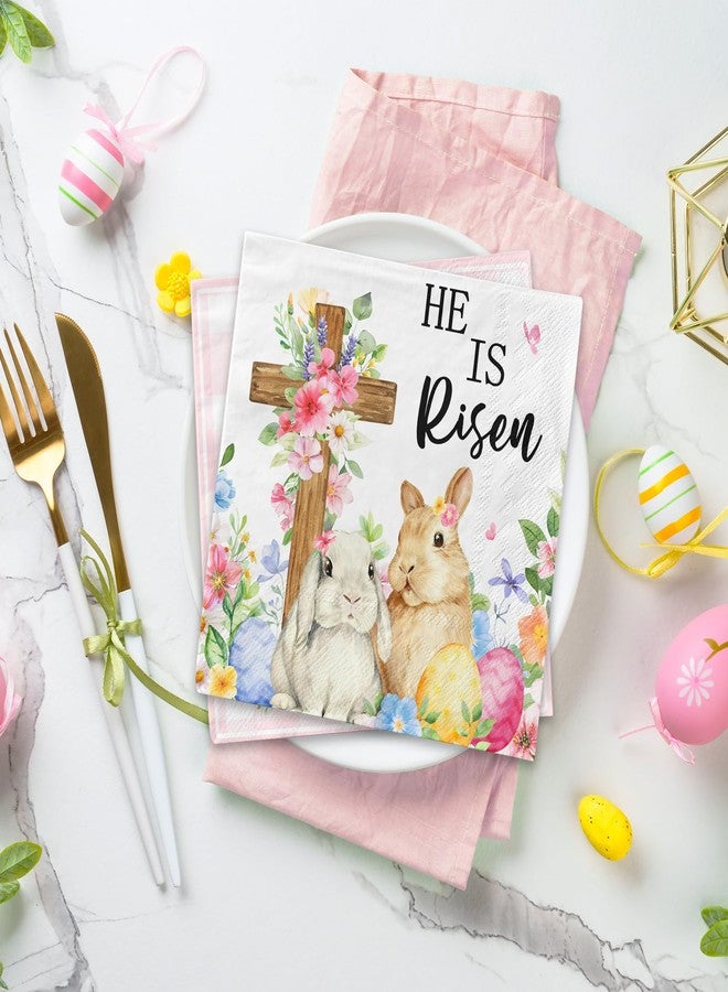Peghoqu 48Pcs He Is Risen Easter Napkin,He is Risen Bunny Eggs Cross Decoration,Pink Checkered Cute Rabbit Floral Disposable Paper Napkin for Spring Easter Home Holiday Party Table Decor,6.5 × 6.5inch - Image 2