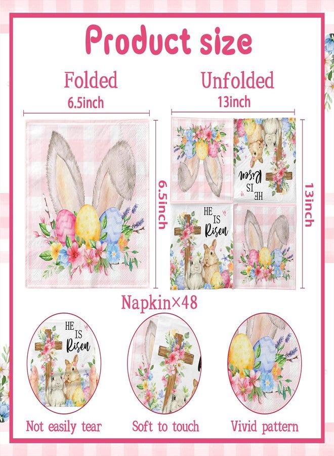Peghoqu 48Pcs He Is Risen Easter Napkin,He is Risen Bunny Eggs Cross Decoration,Pink Checkered Cute Rabbit Floral Disposable Paper Napkin for Spring Easter Home Holiday Party Table Decor,6.5 × 6.5inch - Image 3