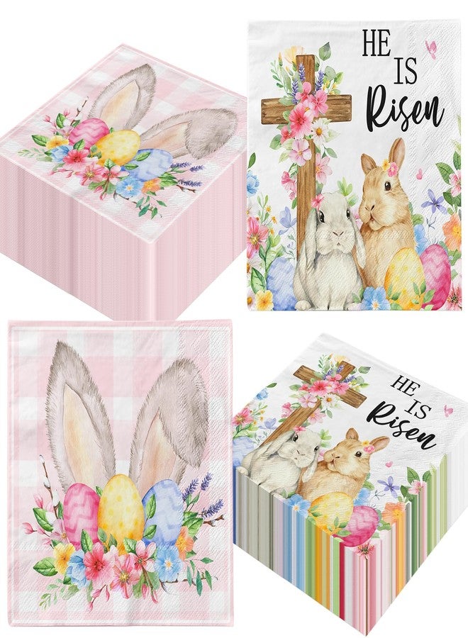 Peghoqu 48Pcs He Is Risen Easter Napkin,He is Risen Bunny Eggs Cross Decoration,Pink Checkered Cute Rabbit Floral Disposable Paper Napkin for Spring Easter Home Holiday Party Table Decor,6.5 × 6.5inch - Image 1