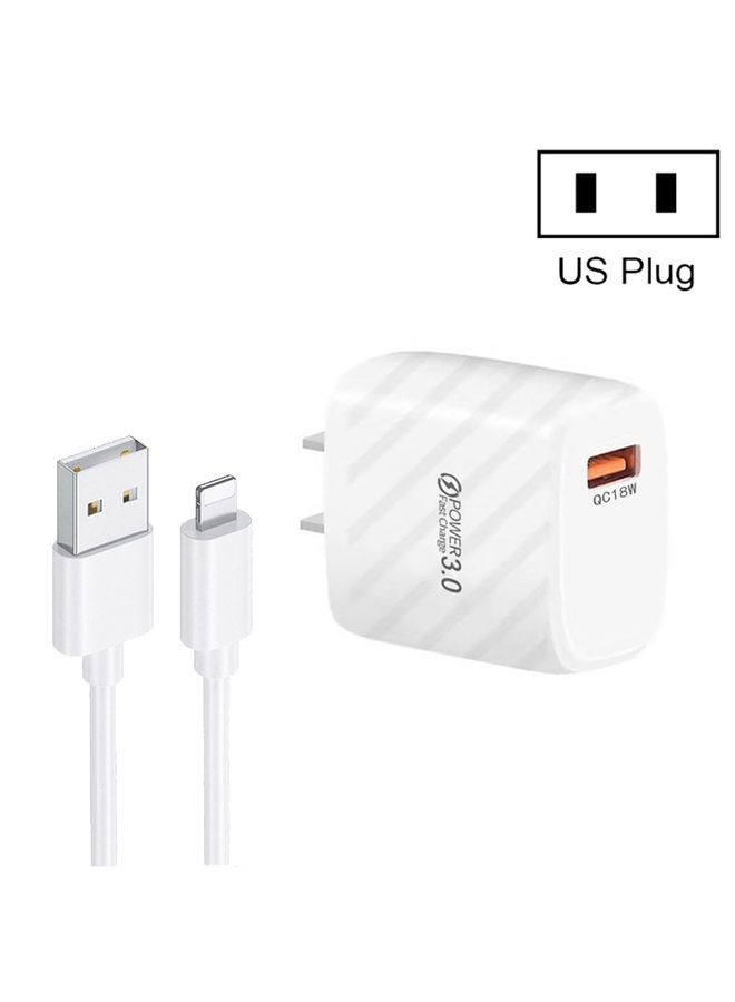 بيوينتي TE-005 QC3.0 18W USB Fast Charger with 1m 3A USB to 8 Pin Cable, US Plug(White) - Image 1