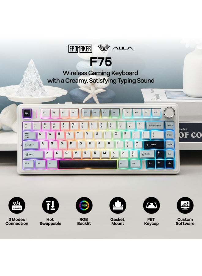 لوحة مفاتيح الألعاب الميكانيكية AULA F75 Gasket، لاسلكية 75% قابلة للتبديل السريع، إضاءة RGB، مفتاح LEOBOG Reaper باللون الأزرق الفاتح - Image 3