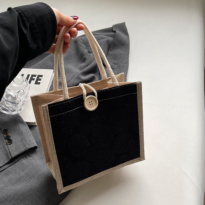 Linen Tote Bag for Women Lunch Box Carry Pouch Black button style 