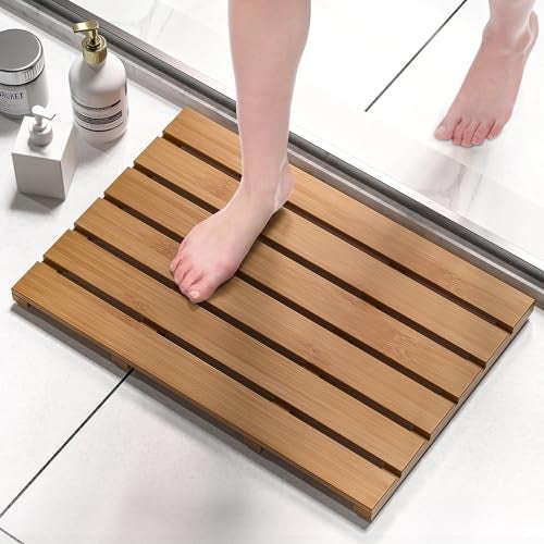 Domax Wooden Bamboo Bath Shower Mat- Non-Slip Waterproof Large Bathroom Floor Mat for Indoor Outdoor (Walnut, 21.26 x 14.17 x 1.3 Inches) - Image 1
