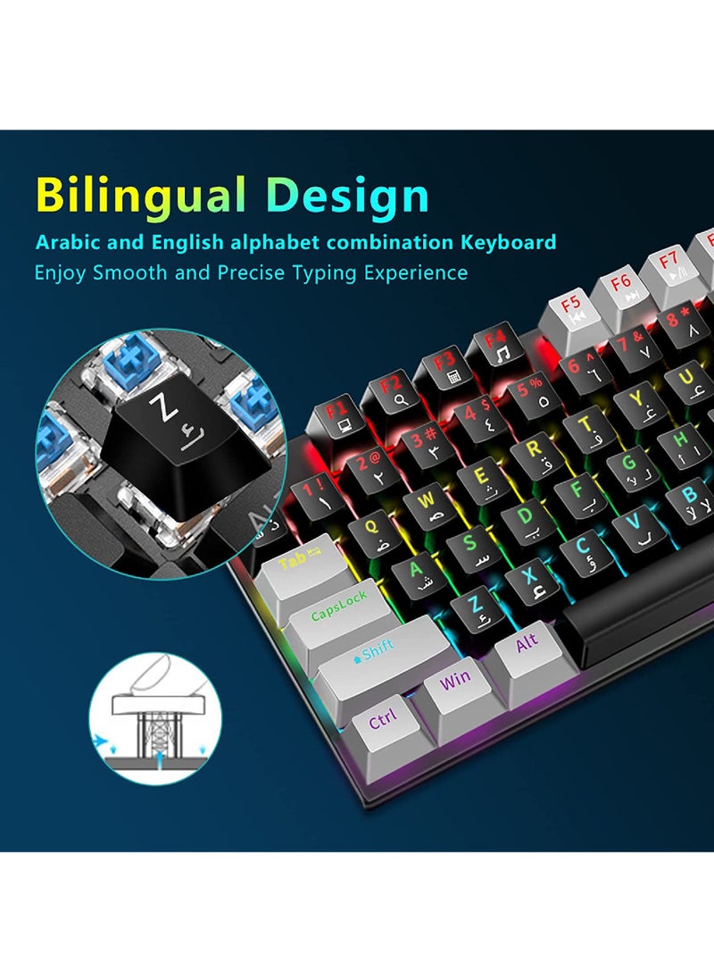 Rock Pow - English Arabic Mechanical Gaming Keyboard with RGB LED Rainbow Backlit Quick Response USB Wired E-sport Waterproof 87 Keys Keyboard for Windows/MacOS/Android PC Gamers - Image 1