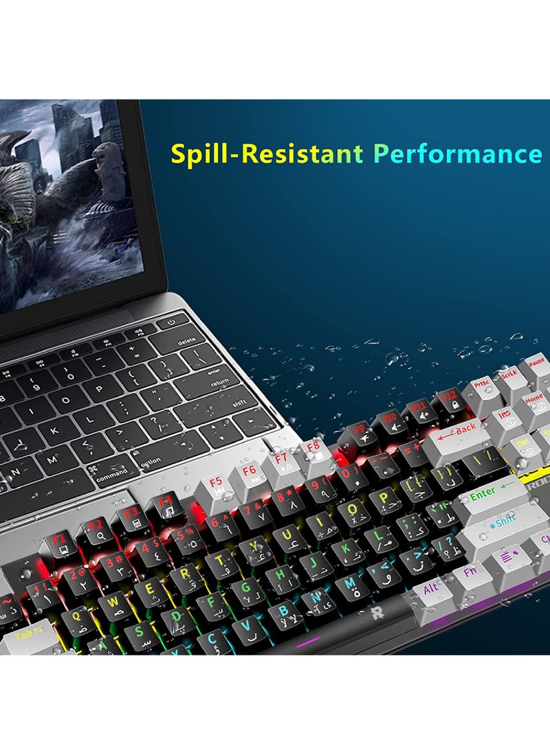 Rock Pow - English Arabic Mechanical Gaming Keyboard with RGB LED Rainbow Backlit Quick Response USB Wired E-sport Waterproof 87 Keys Keyboard for Windows/MacOS/Android PC Gamers - Image 1