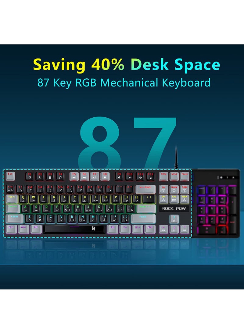 Rock Pow - English Arabic Mechanical Gaming Keyboard with RGB LED Rainbow Backlit Quick Response USB Wired E-sport Waterproof 87 Keys Keyboard for Windows/MacOS/Android PC Gamers - Image 1