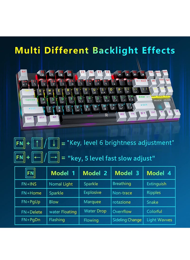 Rock Pow - English Arabic Mechanical Gaming Keyboard with RGB LED Rainbow Backlit Quick Response USB Wired E-sport Waterproof 87 Keys Keyboard for Windows/MacOS/Android PC Gamers - Image 1