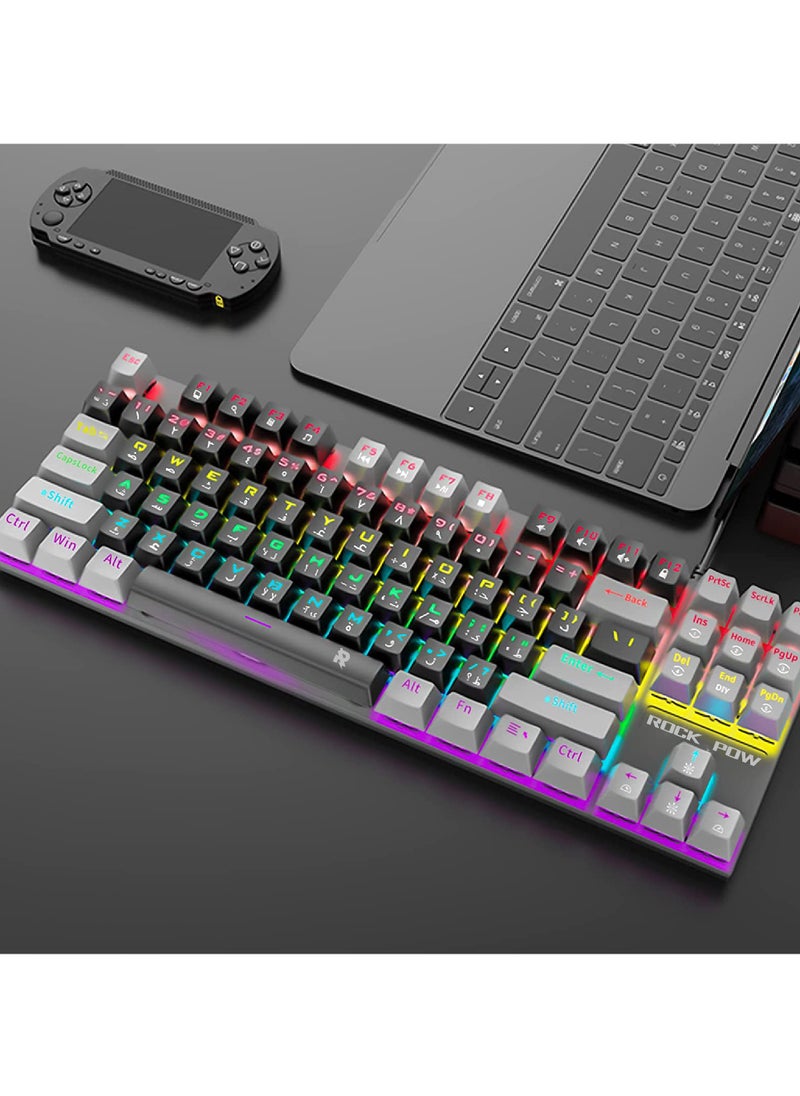 Rock Pow - English Arabic Mechanical Gaming Keyboard with RGB LED Rainbow Backlit Quick Response USB Wired E-sport Waterproof 87 Keys Keyboard for Windows/MacOS/Android PC Gamers - Image 1