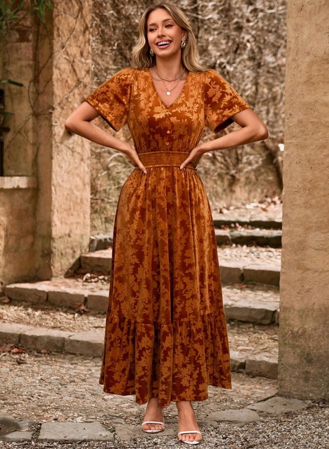 SIMPLEE Womens Fall Velvet Dress Short Sleeve V Neck Floral Maxi Dress Long Formal Winter Wedding Guest Dresses, B-earthly Orange, XL - Image 5