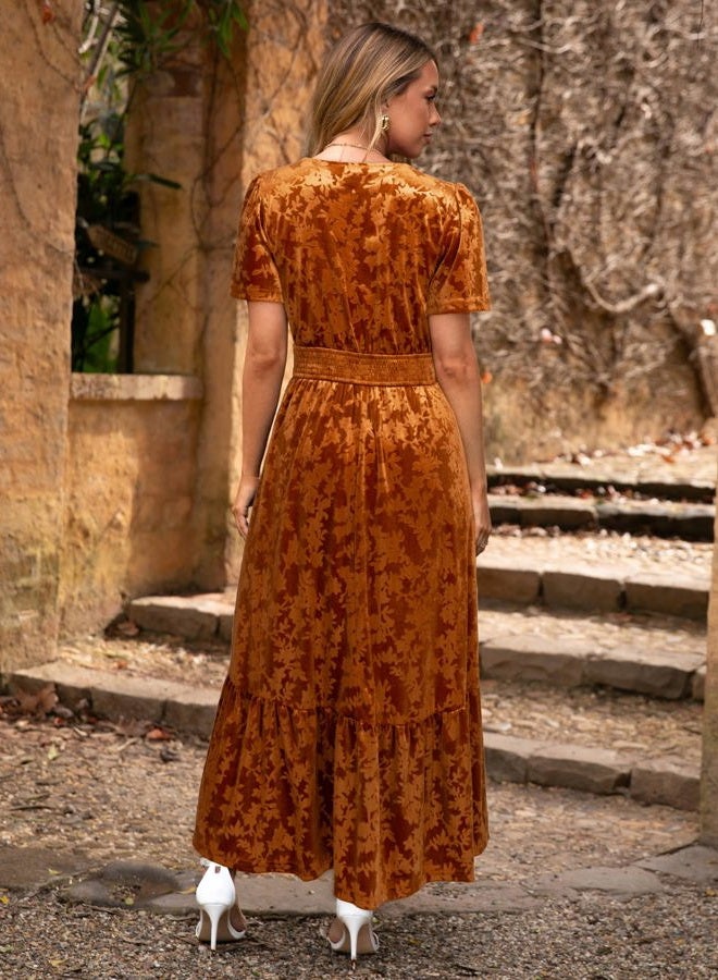 SIMPLEE Womens Fall Velvet Dress Short Sleeve V Neck Floral Maxi Dress Long Formal Winter Wedding Guest Dresses, B-earthly Orange, XL - Image 4