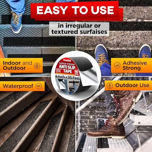 Trazon Grip Tape - Heavy Duty Anti Slip Tape with Aggresive Adhesion for Irregular or Textured Surfaces Outdoor/Indoor Waterproof 4Inch x 35Ft Safety Non Skid Roll - Image 4