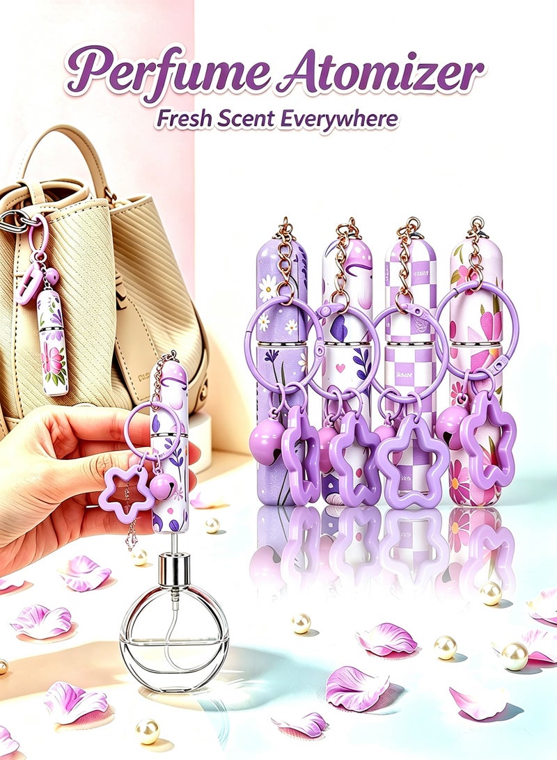 4 Pack 5ML Purple Floral Perfume Atomizer for Travel, Refillable Mini Empty Spray Bottle with Star Bell Keychain, Portable Perfume Dispenser for Women Girls - Image 1