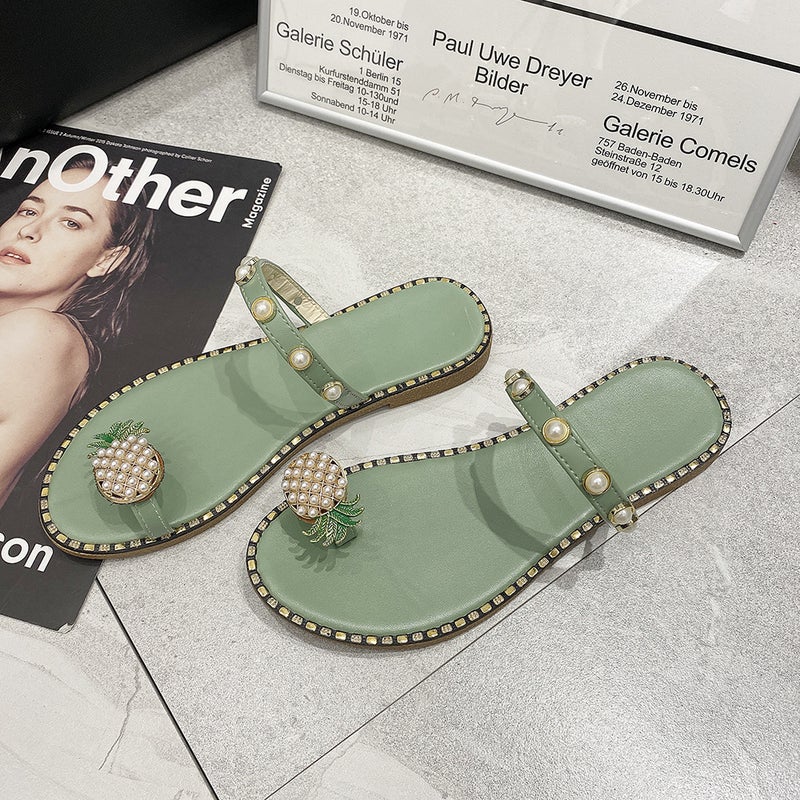 size plus size women''s shoes 2022 summer new pineapple rhinestone sandals women''s outer wear flat beach shoes - Image 1