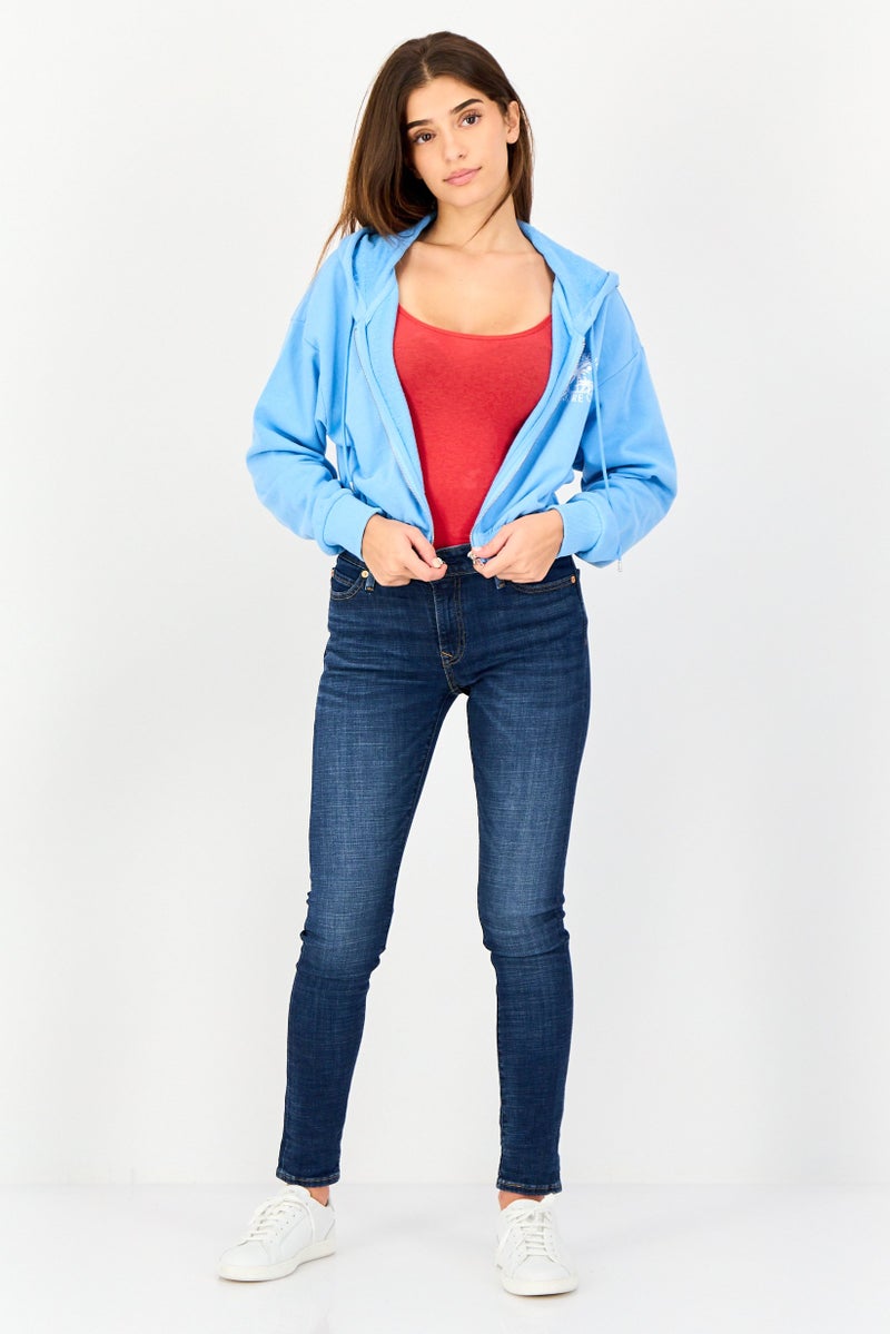 FOREVER 21 هودي قصير بأكمام طويلة وطباعة جرافيك للنساء، أزرق - Image 3