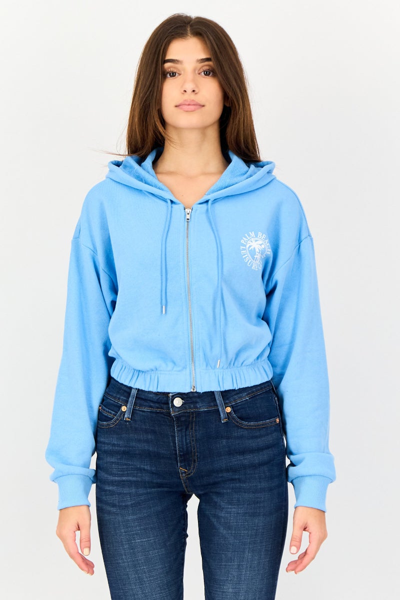 FOREVER 21 هودي قصير بأكمام طويلة وطباعة جرافيك للنساء، أزرق - Image 1