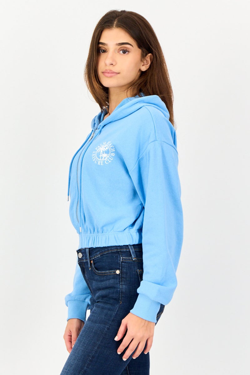 FOREVER 21 هودي قصير بأكمام طويلة وطباعة جرافيك للنساء، أزرق - Image 2