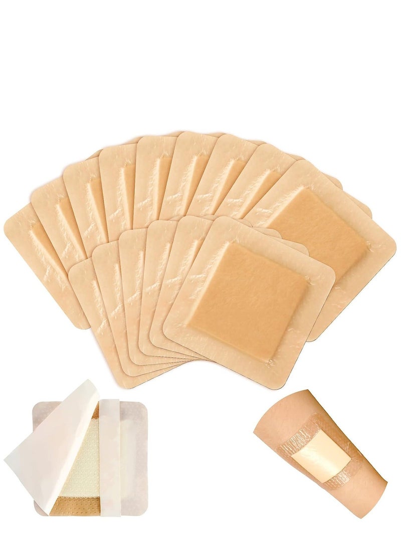 15 Pieces Bordered Silicone Adhesive Foam Dressing Square with Border Patches Shower Waterproof Patch Breathable Wound Bandage (3 x 3 Inch) - Image 1