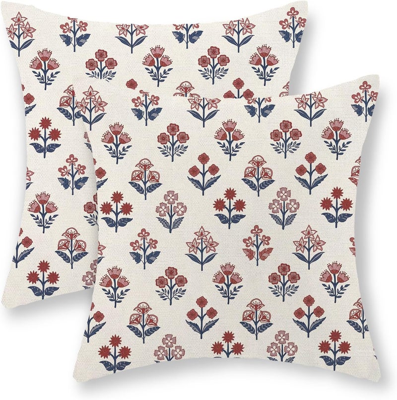GOLIANDA Red Blue Pillow Covers 16x16 Inch Set of 2 Patriotic 4th of July Throw Pillows Vintage Flower Boho Block Print Floral Decorative Pillow Cases Outdoor Linen Cushion Cover for Couch Sofa Decor - Image 1
