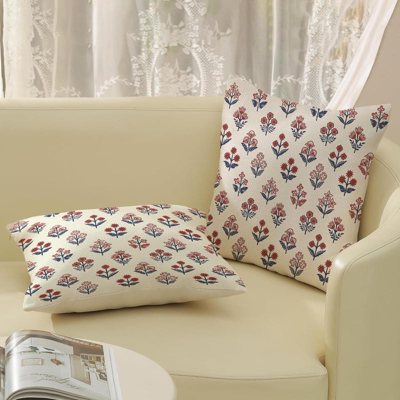 GOLIANDA Red Blue Pillow Covers 16x16 Inch Set of 2 Patriotic 4th of July Throw Pillows Vintage Flower Boho Block Print Floral Decorative Pillow Cases Outdoor Linen Cushion Cover for Couch Sofa Decor - Image 5