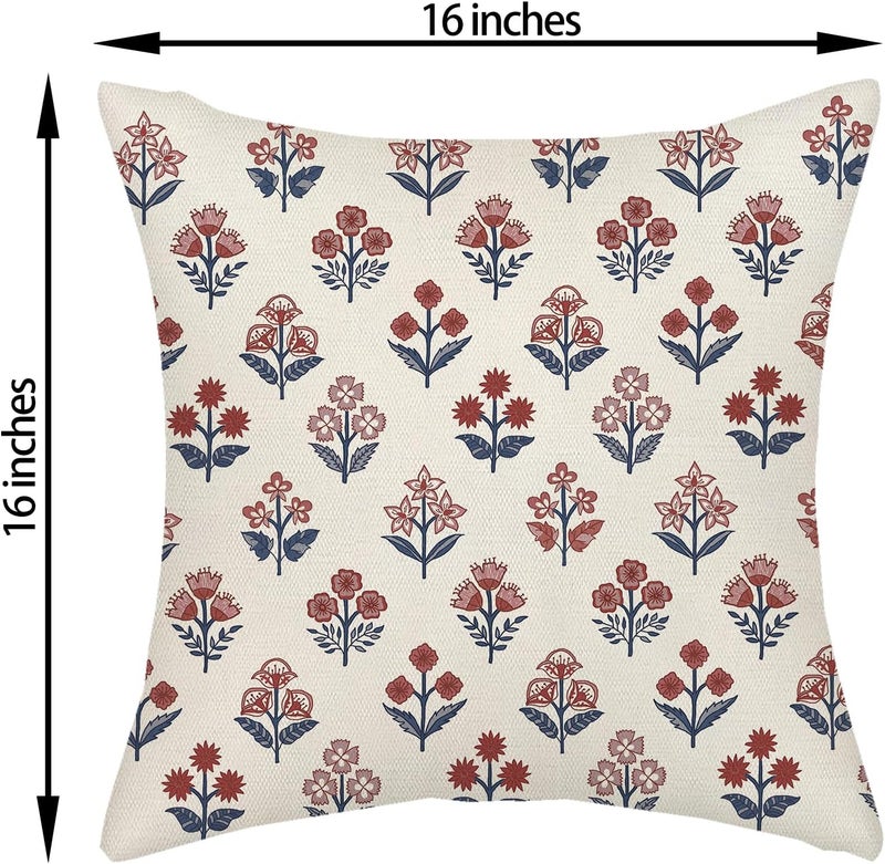 GOLIANDA Red Blue Pillow Covers 16x16 Inch Set of 2 Patriotic 4th of July Throw Pillows Vintage Flower Boho Block Print Floral Decorative Pillow Cases Outdoor Linen Cushion Cover for Couch Sofa Decor - Image 3