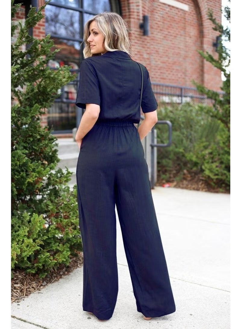 Barbora Linen Casual Jumpsuit LN20LACIVERT2 - Image 1