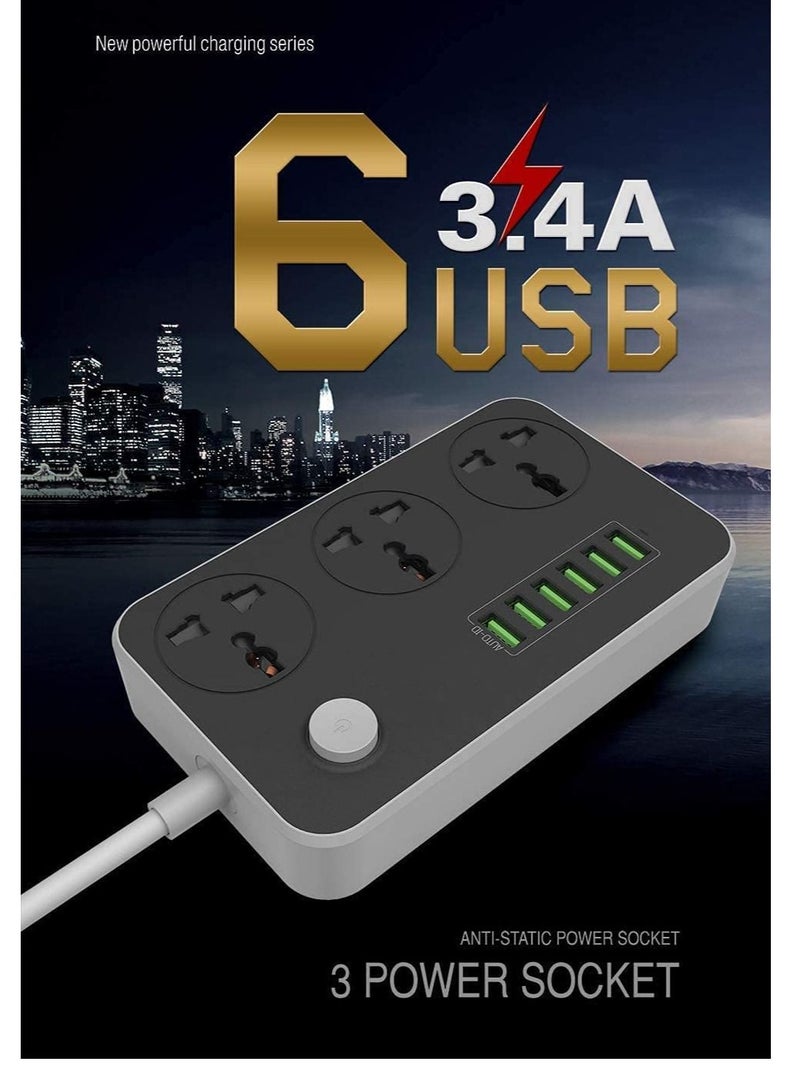Universal Power Strips 3 Way Outlets 6 USB Plug Ports Surge Protection Power Socket Switch Portable Charger Fast Charging with 2M Wall Plug Adapter  - Image 1