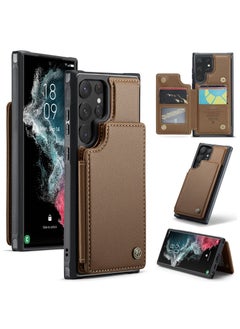 CaseMe Wallet Case for Samsung Galaxy S22 Ultra, Premium Handmade Durable PU Leather Slim Shockproof Case with [Double Magnetic Clasp] [Card Holder] [Kickstand] [RFID Blocking] (Brown)  - Image 1
