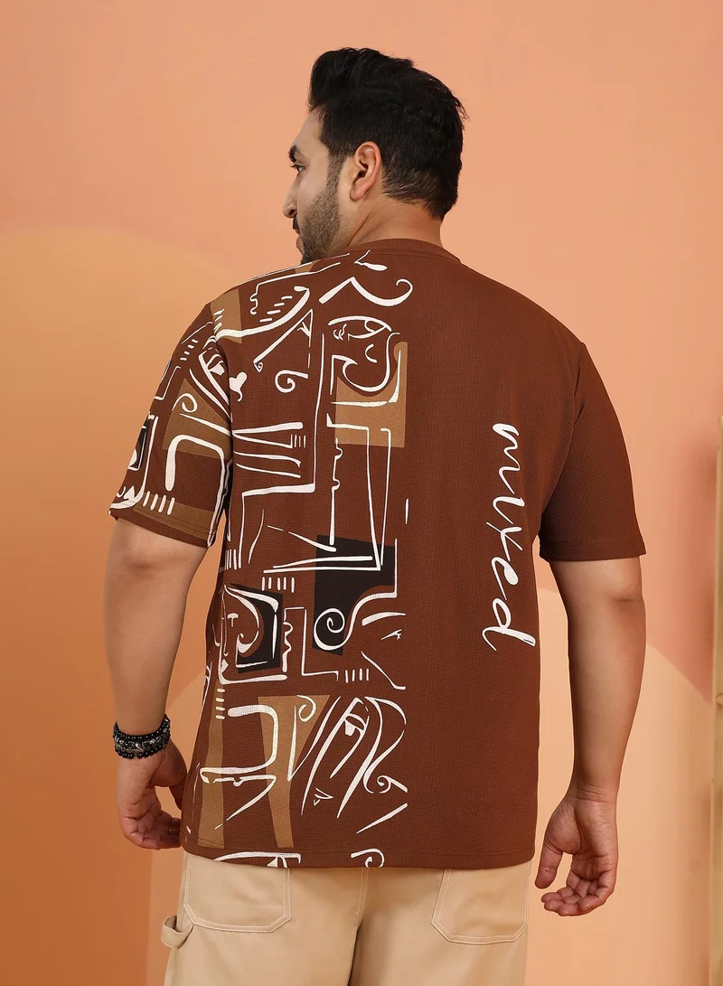 Instafab Plus Instafab Plus Men's Mocha Brown Boxy Folk-Wave T-Shirt For Casual Wear | Crew Neck | Short Regular Sleeves | Pull On Closure | Plus Size T-Shirt Crafted With Comfort Fit For Everyday Wear