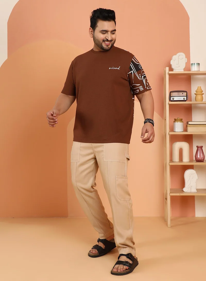 Instafab Plus Instafab Plus Men's Mocha Brown Boxy Folk-Wave T-Shirt For Casual Wear | Crew Neck | Short Regular Sleeves | Pull On Closure | Plus Size T-Shirt Crafted With Comfort Fit For Everyday Wear