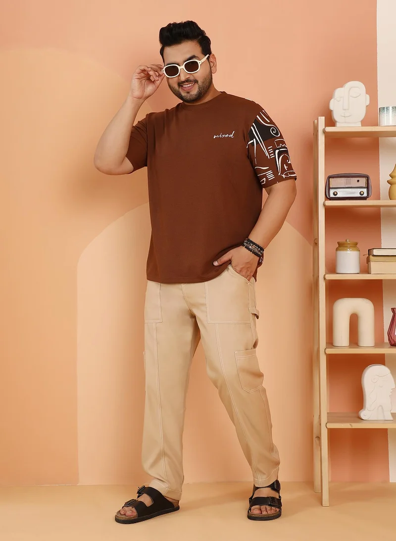 Instafab Plus Instafab Plus Men's Mocha Brown Boxy Folk-Wave T-Shirt For Casual Wear | Crew Neck | Short Regular Sleeves | Pull On Closure | Plus Size T-Shirt Crafted With Comfort Fit For Everyday Wear